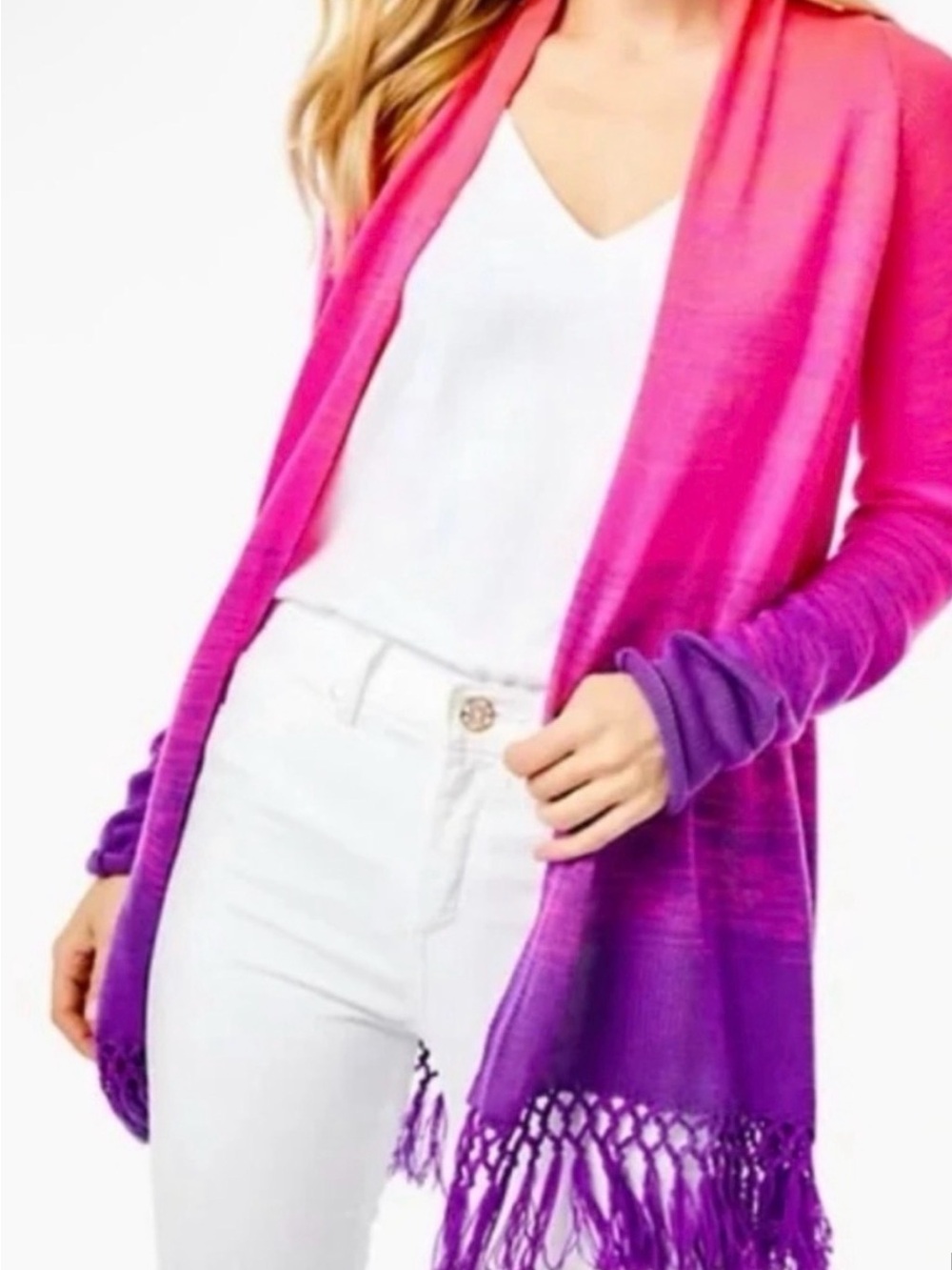 💕Lilly Pulitzer Pink to Purple Ombre Fringe Open-Front Cardigan